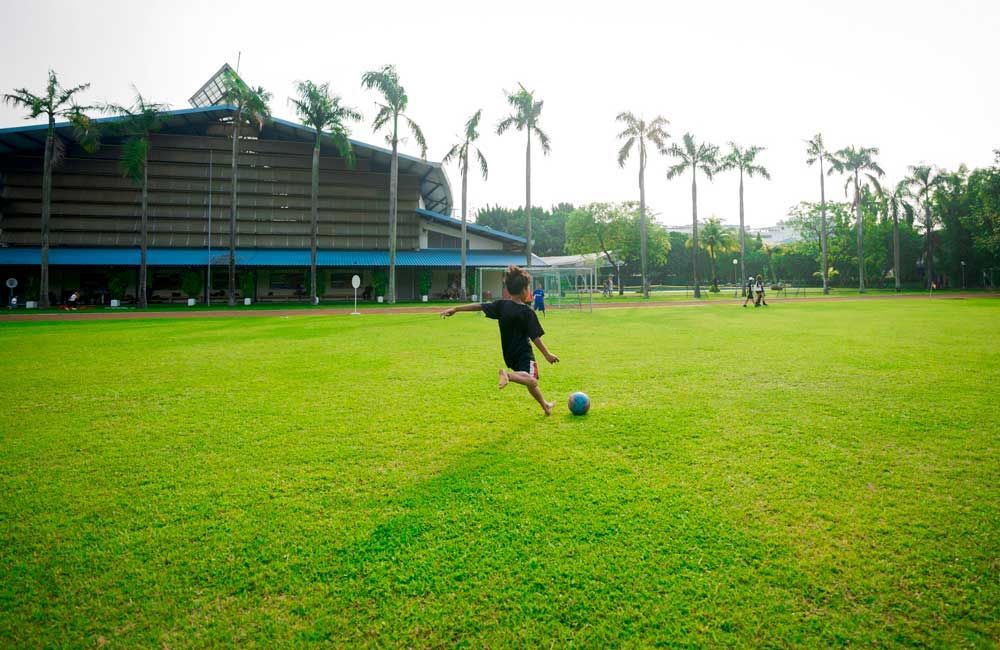 A young boy is kicking a soccer ball on a lush green field.