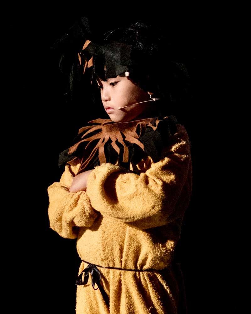 A young boy in a lion costume is standing with his arms crossed.