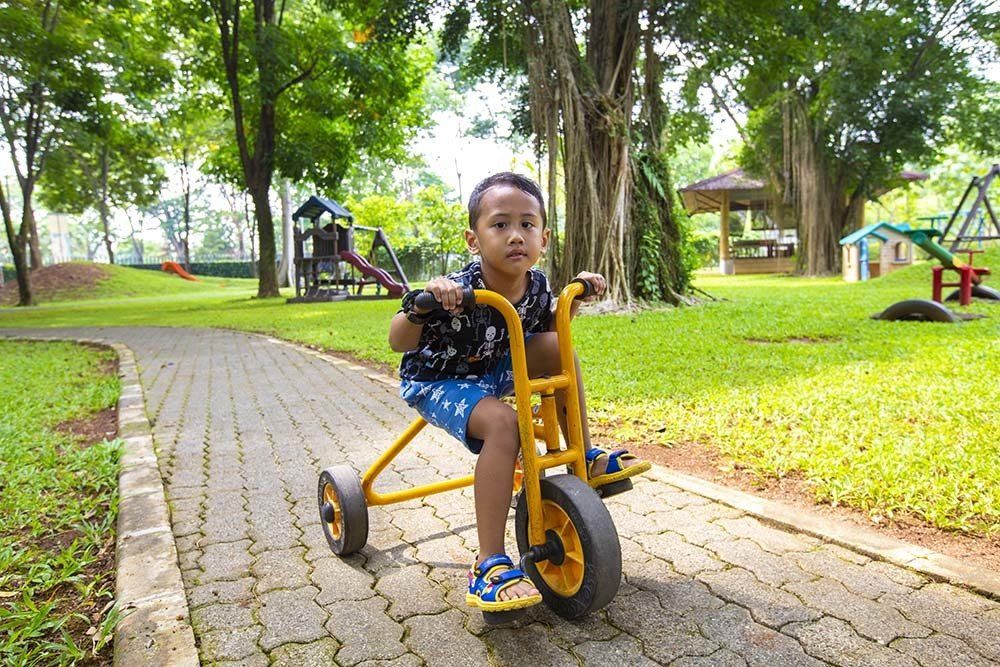 A young boy is riding a tricycle in a park.