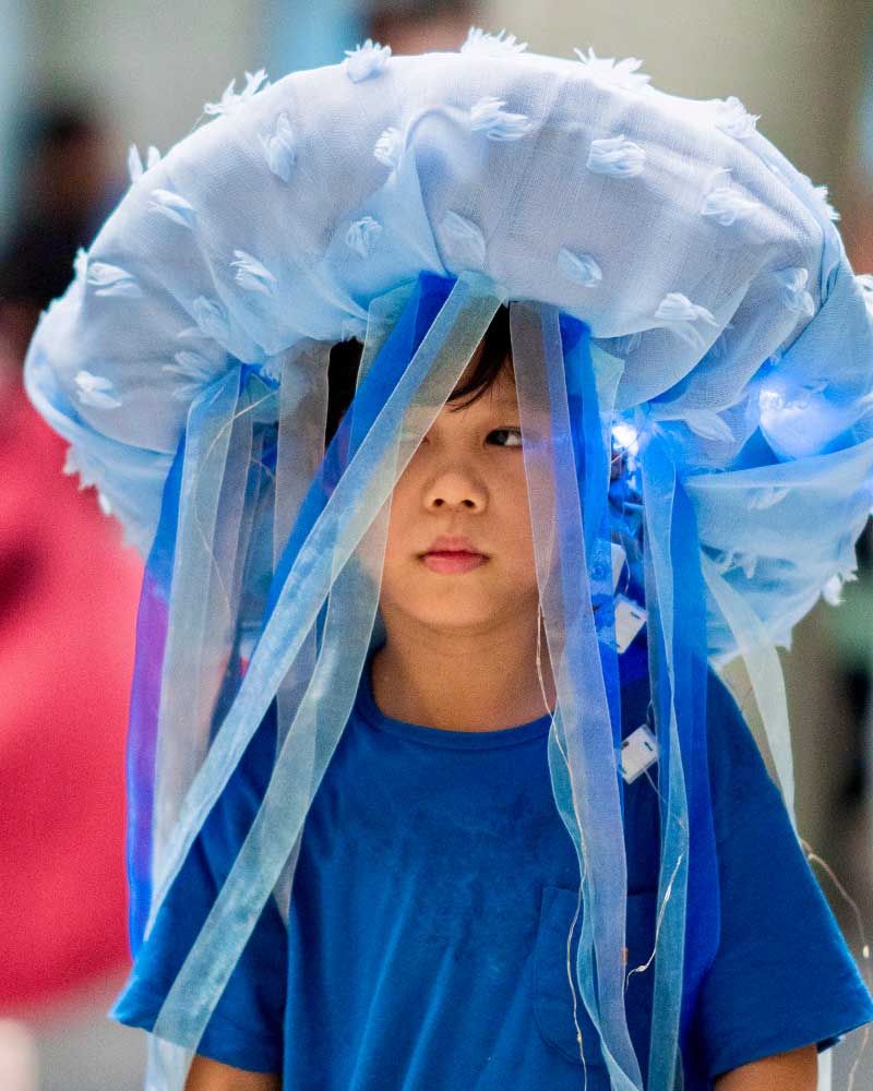 A young boy in a blue shirt is wearing a jellyfish costume