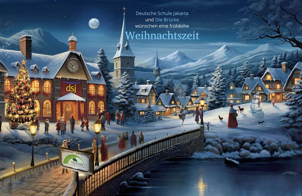 A painting of a snowy village with a bridge and a christmas tree.