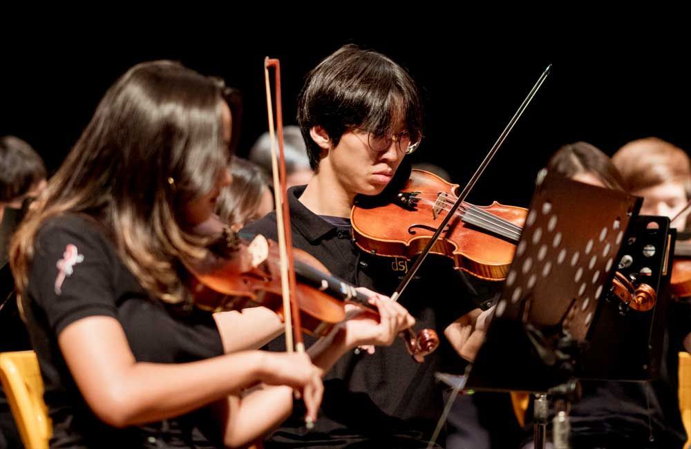 A group of people are playing violins in an orchestra.