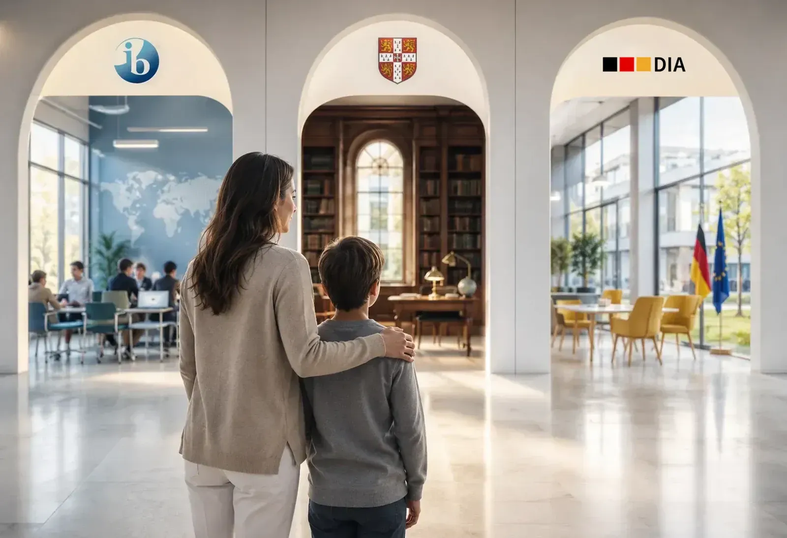 A mother and a child stand in a classic lobby with arched doorways, looking into three rooms