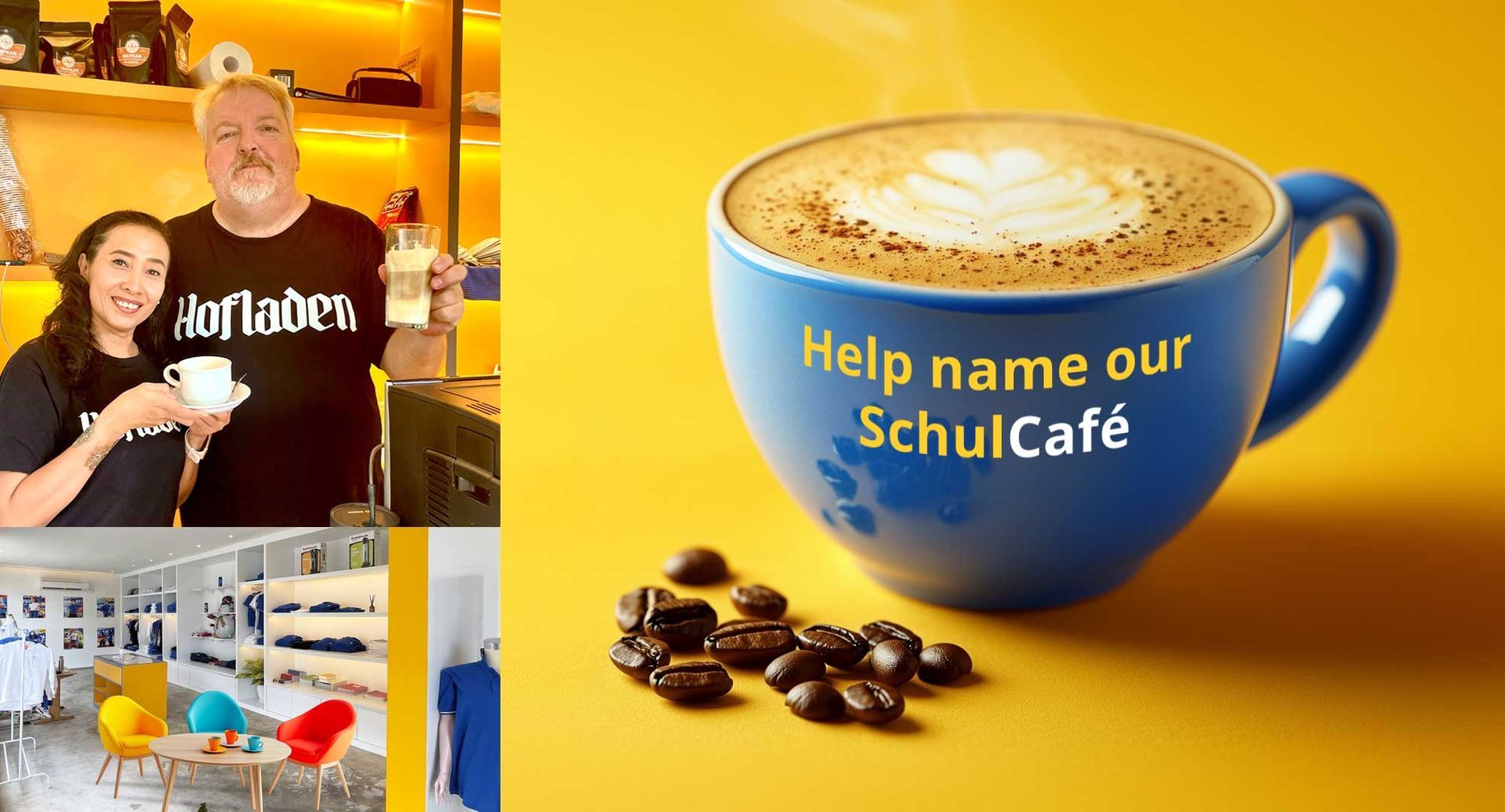 A man and a woman are standing next to a cup of coffee at a Café.