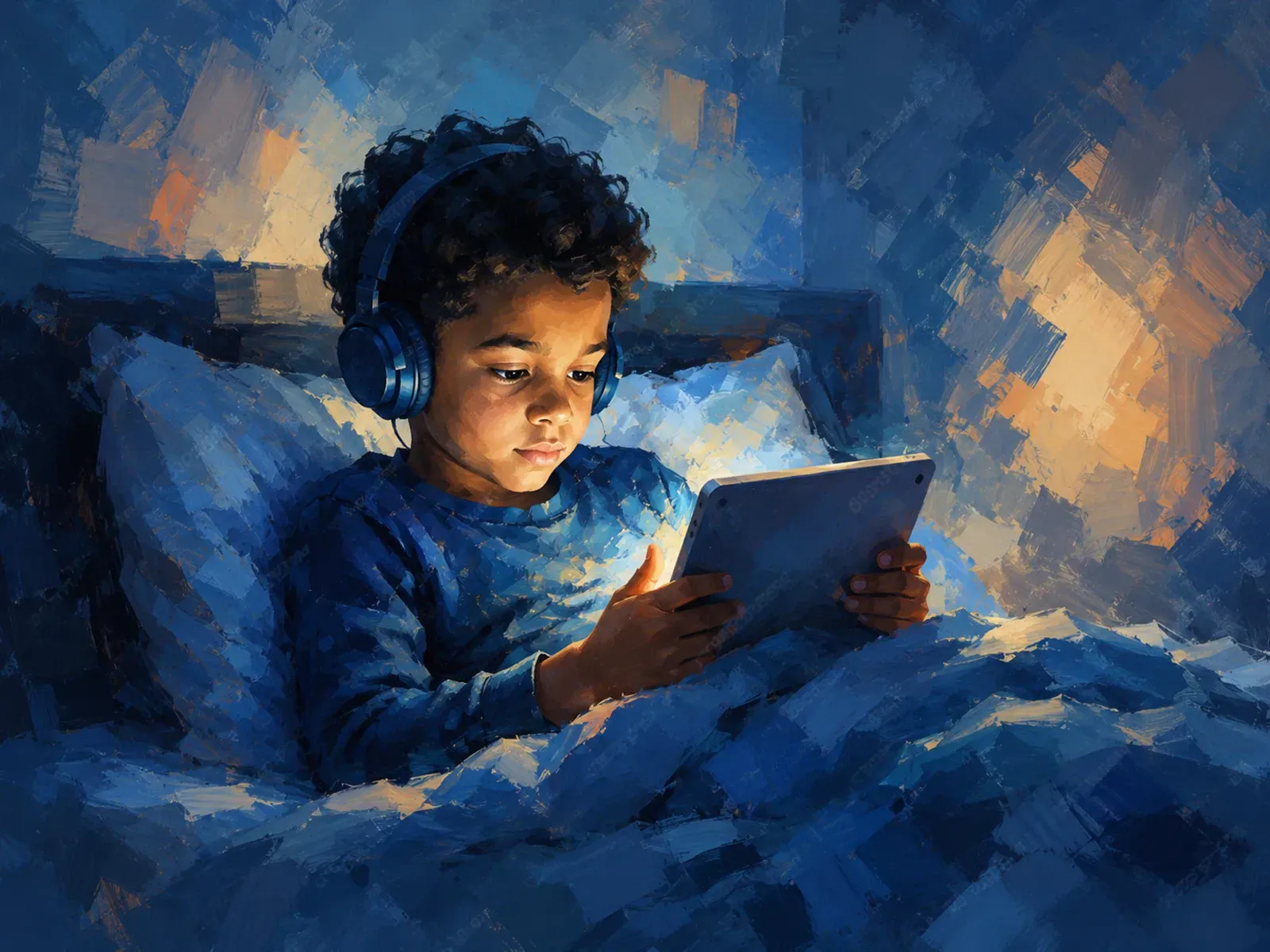 Child in bed wearing headphones, watching an ipad in a cozy blue bedroom