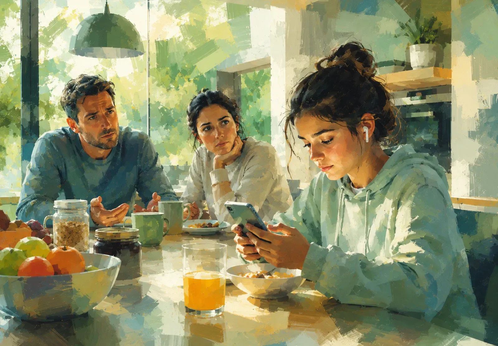 Three people sitting at a sunlit kitchen table, with the daughter looking at a phone, ignoring her parents.