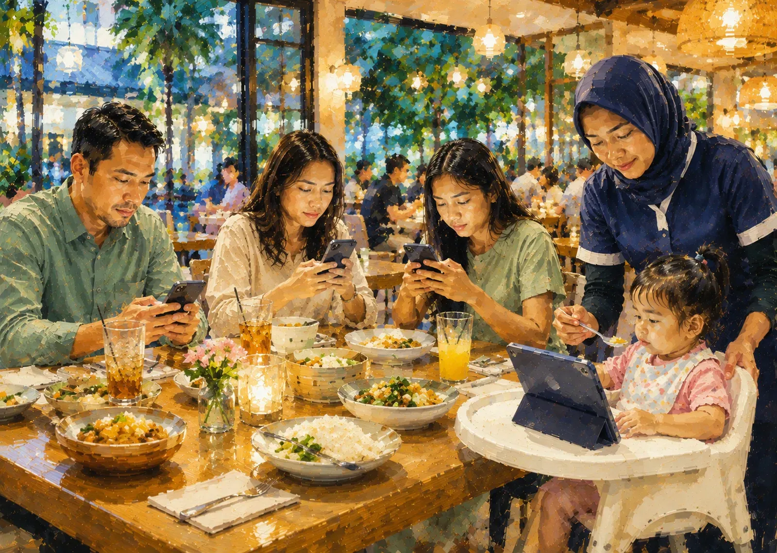 Family gathered at a warmly lit dinner table, sharing a meal but each watching their own phones and ipads