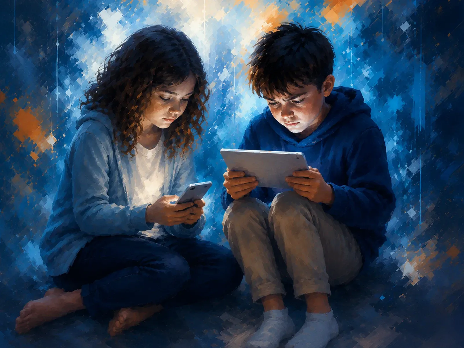 Two children sit together, focused on their tablet