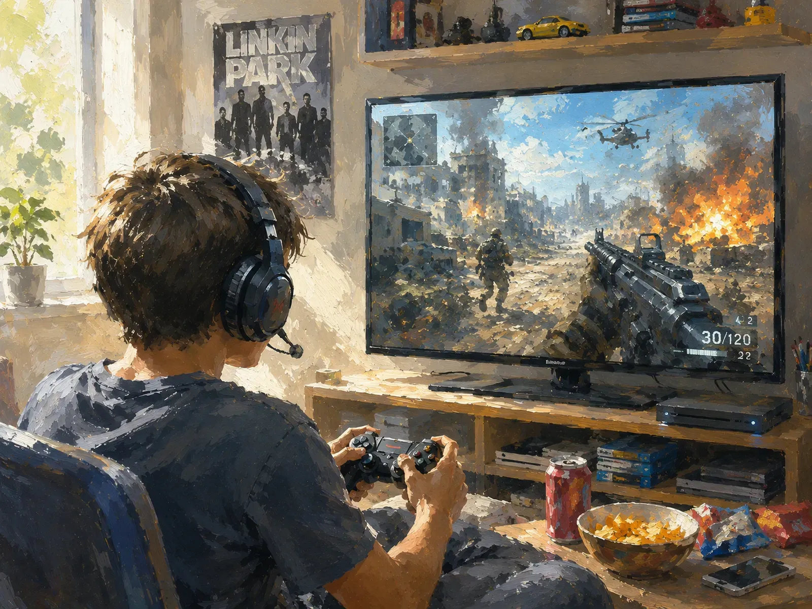 A boy at his desk, wearing headphones, playing a war video game amid snacks and a soda can.