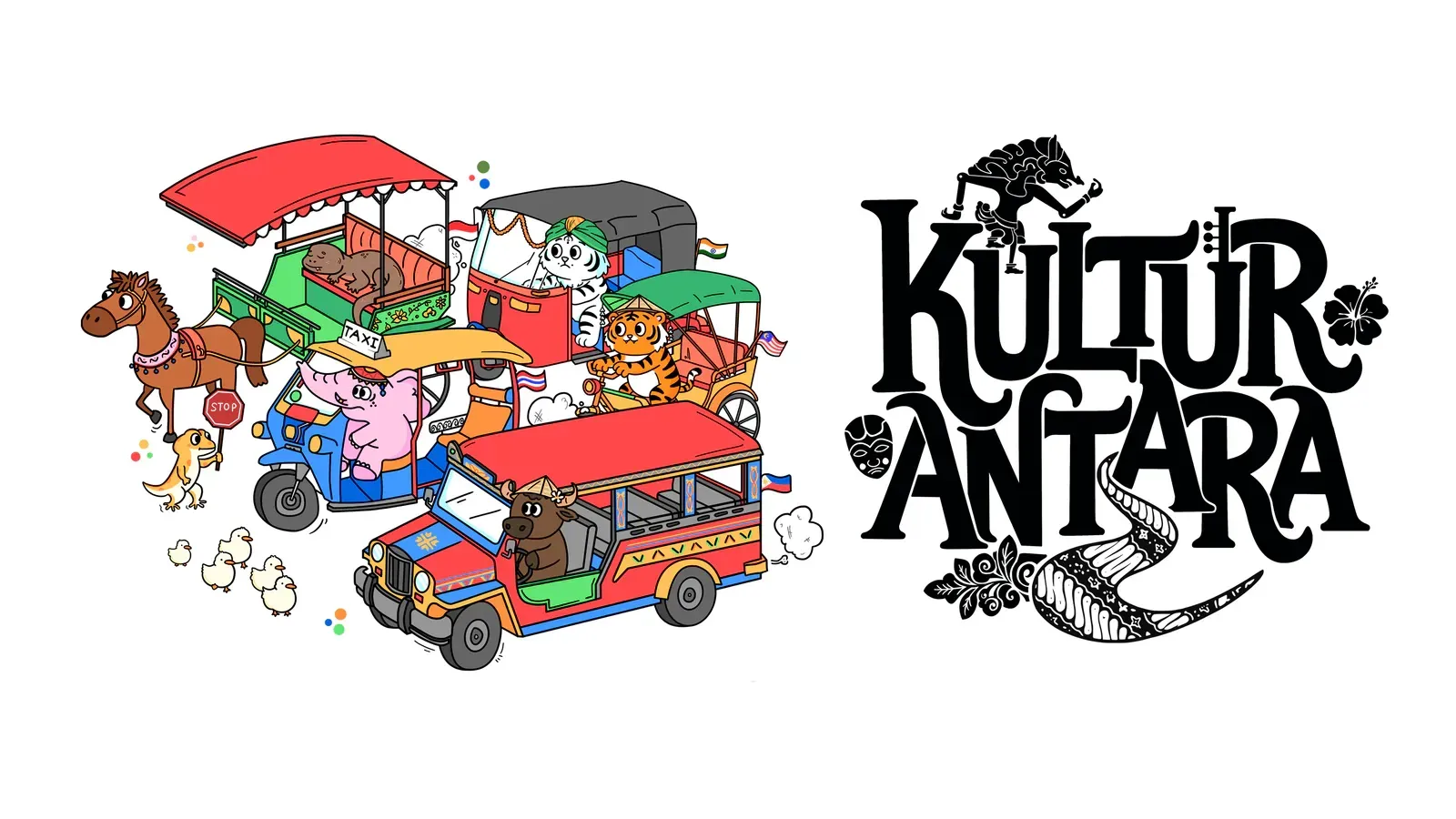 Cartoon red jeepney with people and goods beside the black “Kultur Antara” logo