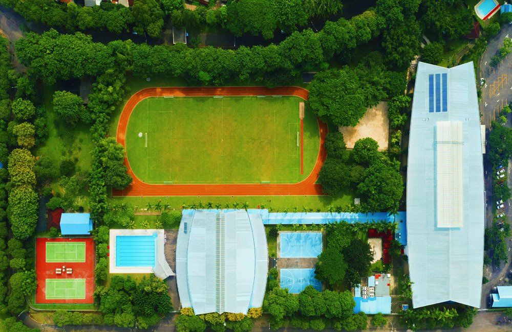 Top overview of the green campus of the German School Jakarta in BSD, South Tangerang