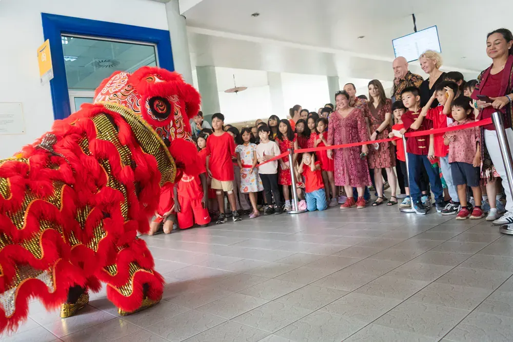 A group of people are watching a lion dance.
