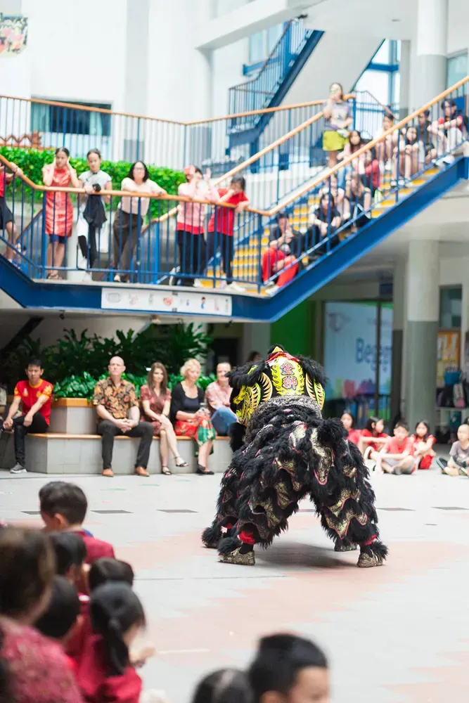 A group of people are watching a lion dance in front of stairs.