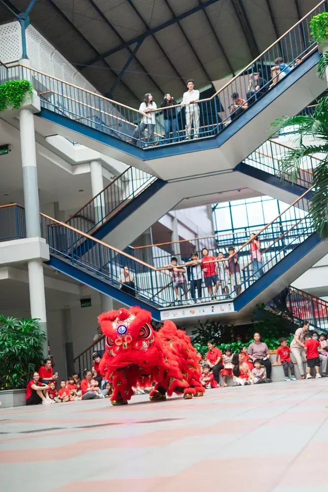 A group of people are watching a lion dancing in front of a large staircase.