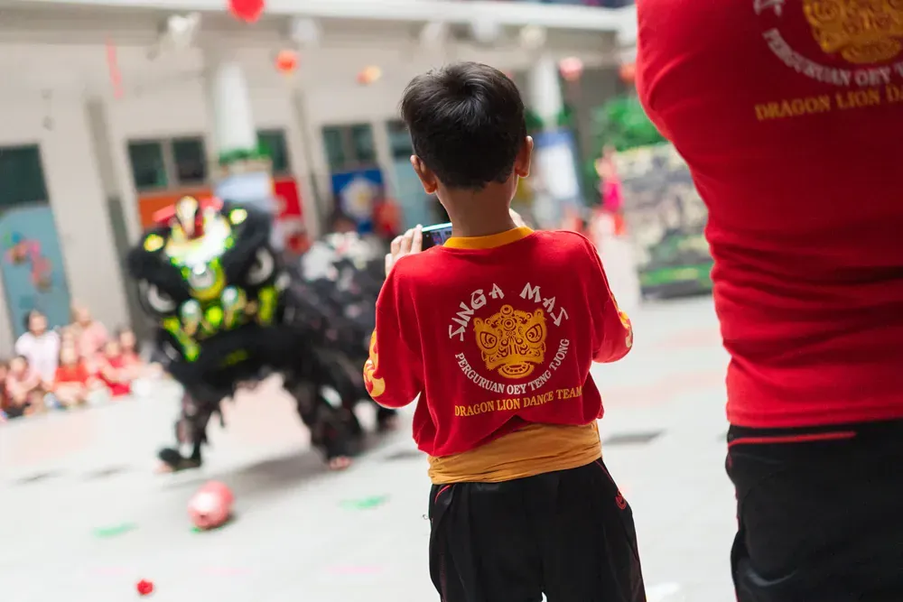 A young boy in a red shirt is watching a lion dance.