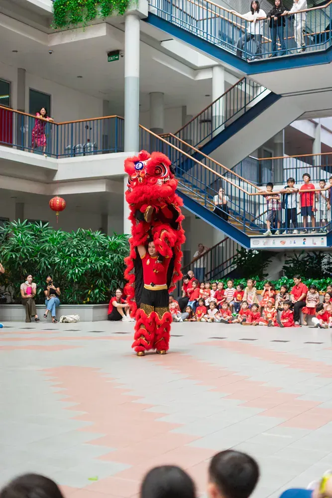 A group of people are watching a lion dance in front of stairs.