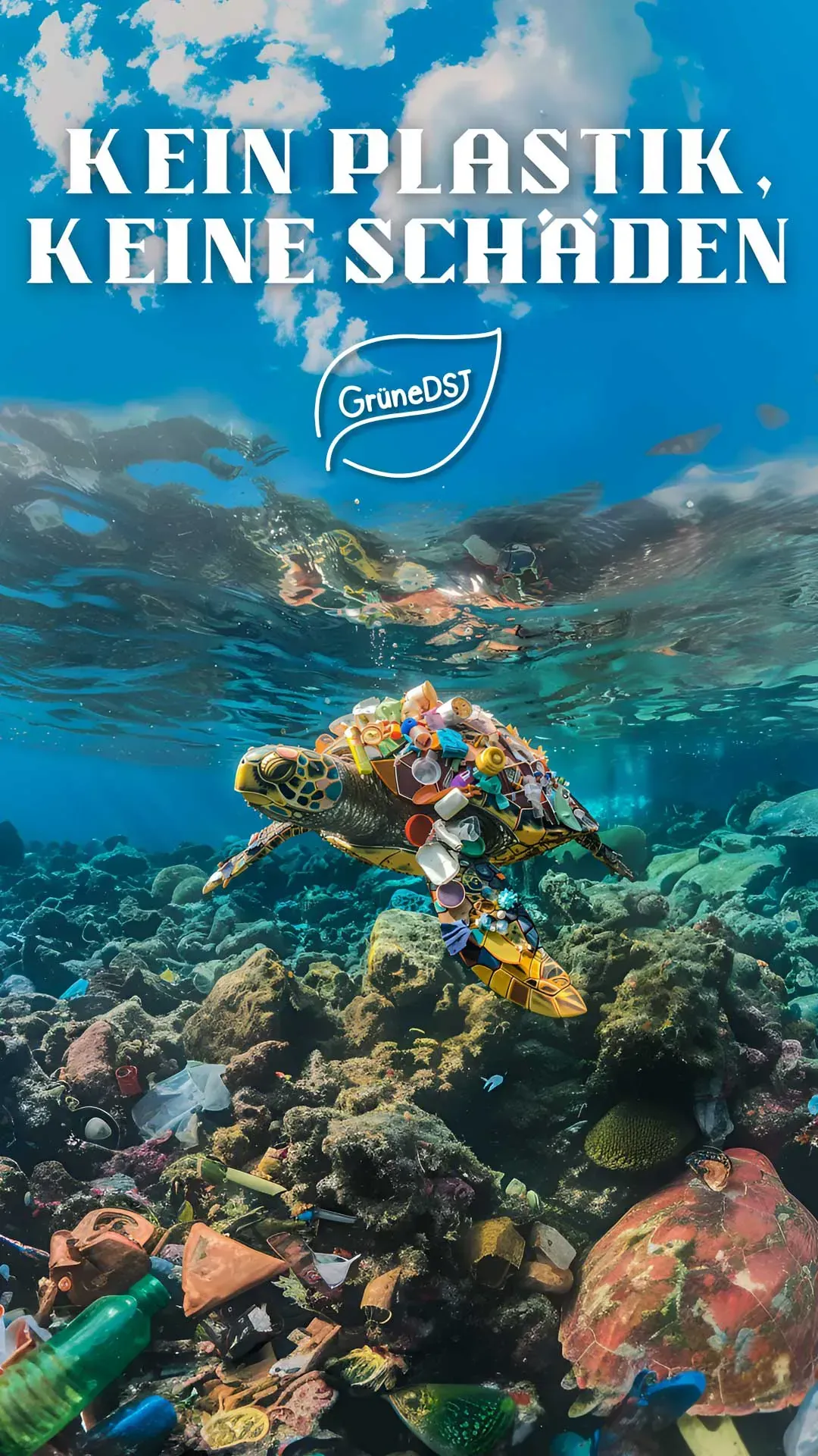 A turtle covered in plastic is swimming in the ocean.