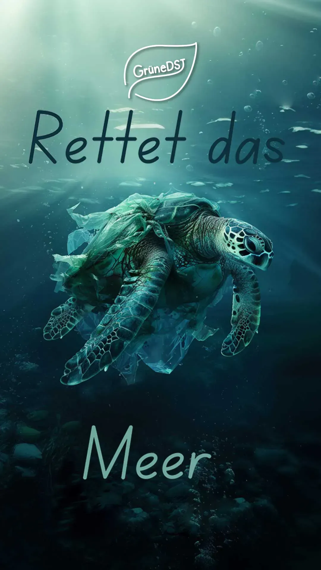 A sea turtle is swimming in the ocean with a plastic bag on its back.