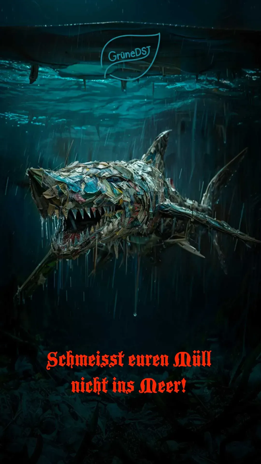 A shark made out of trash is swimming in the ocean.