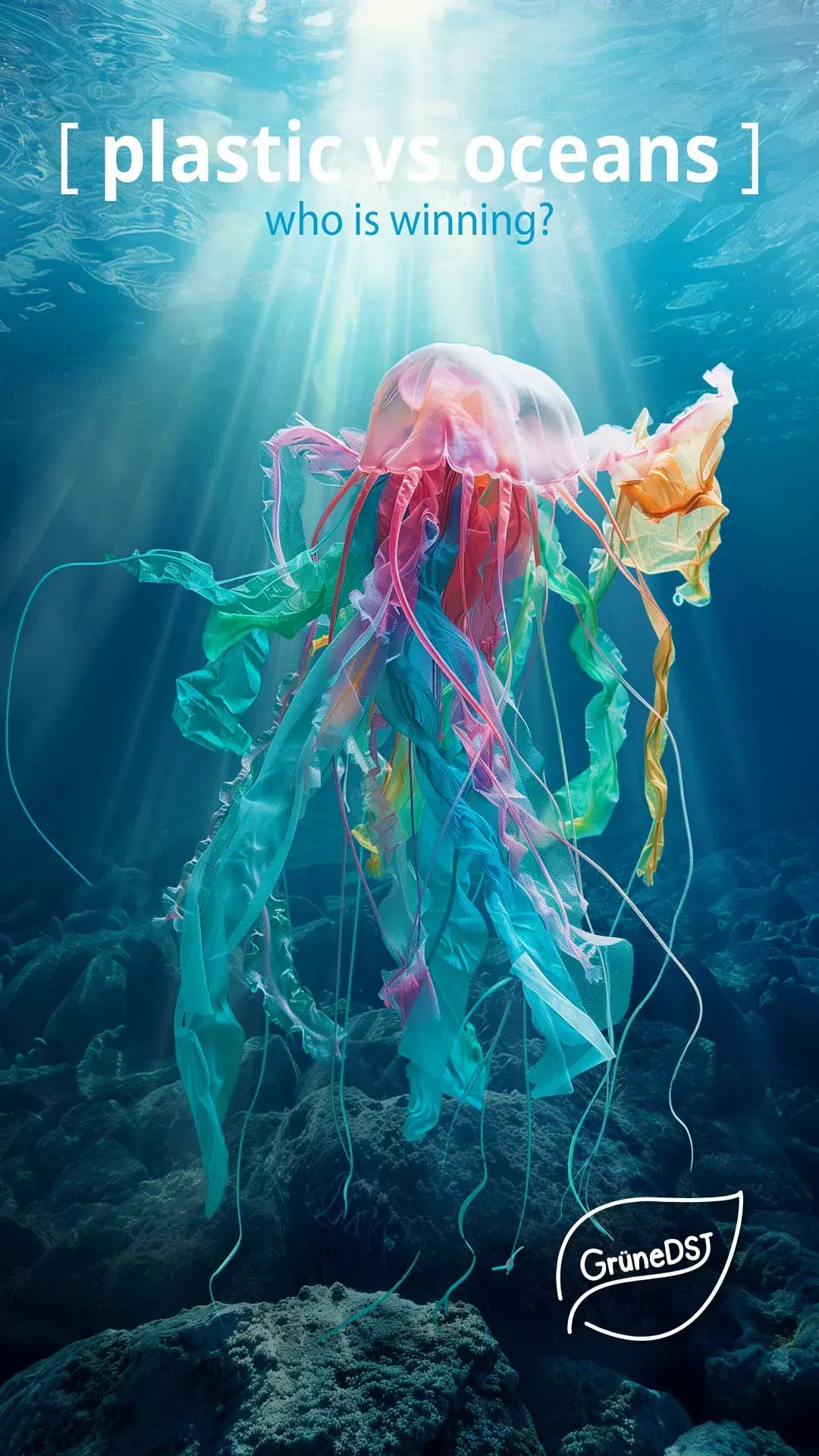A jellyfish made out of plastic is swimming in the ocean.