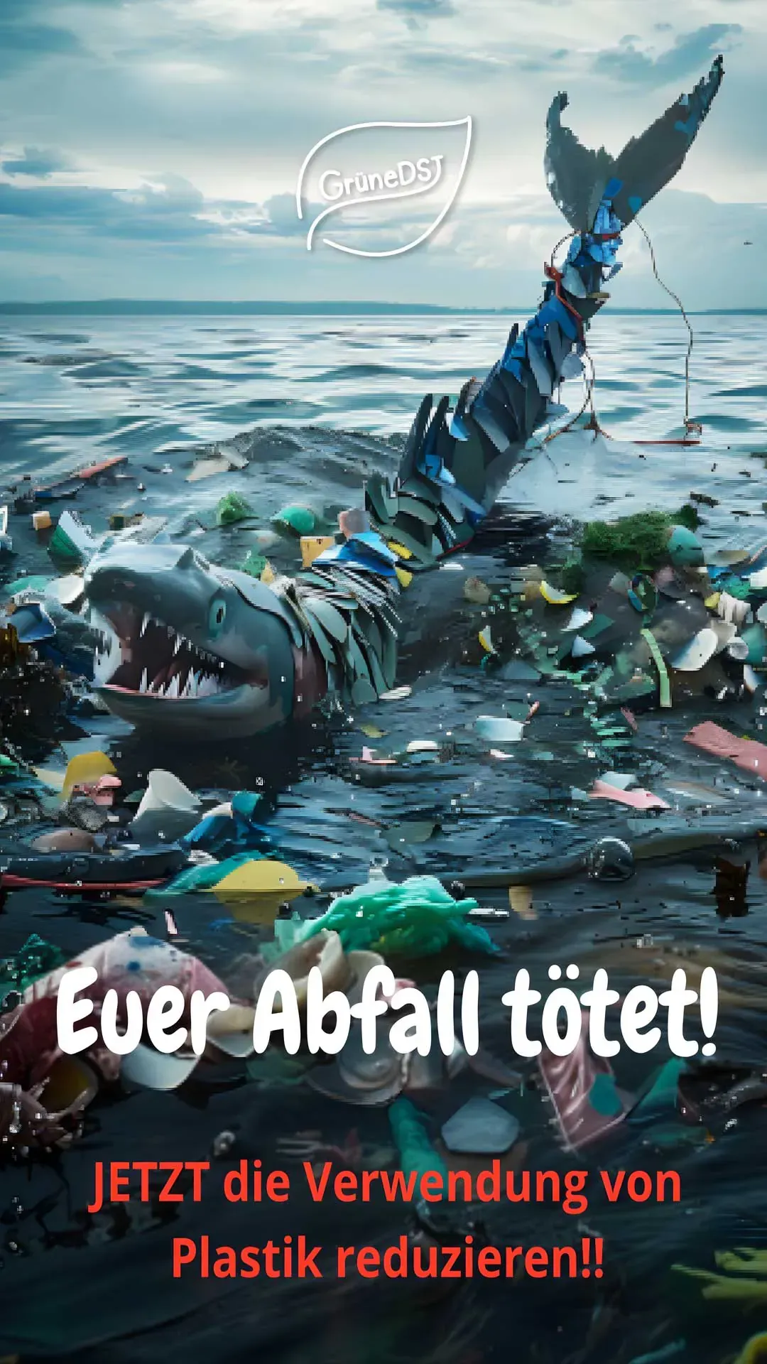 A shark made out of plastic bags is swimming in the ocean.