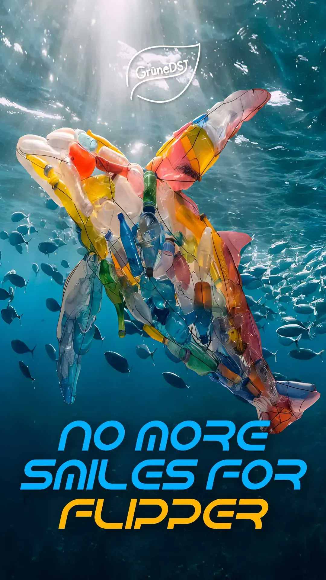 Two dolphins made out of plastic bags are swimming in the ocean.