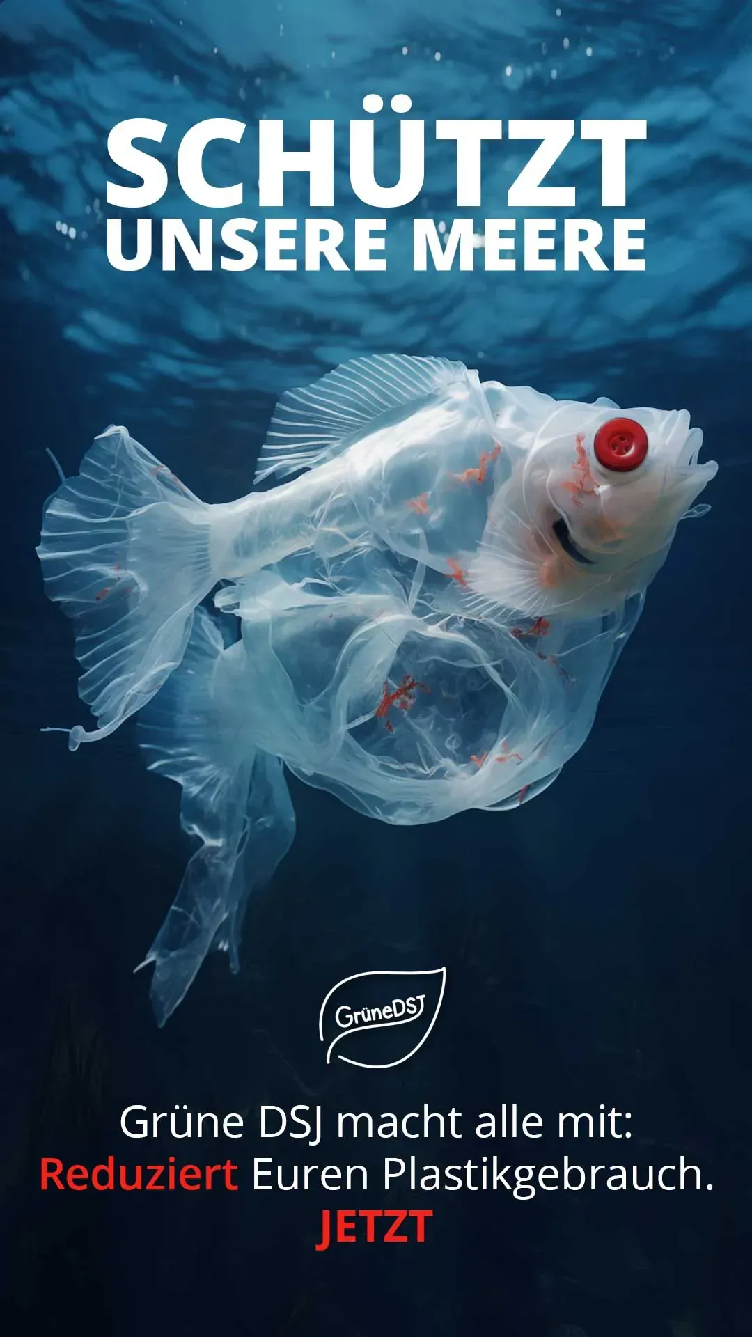 A fish is swimming in the ocean with a plastic bag on its head.