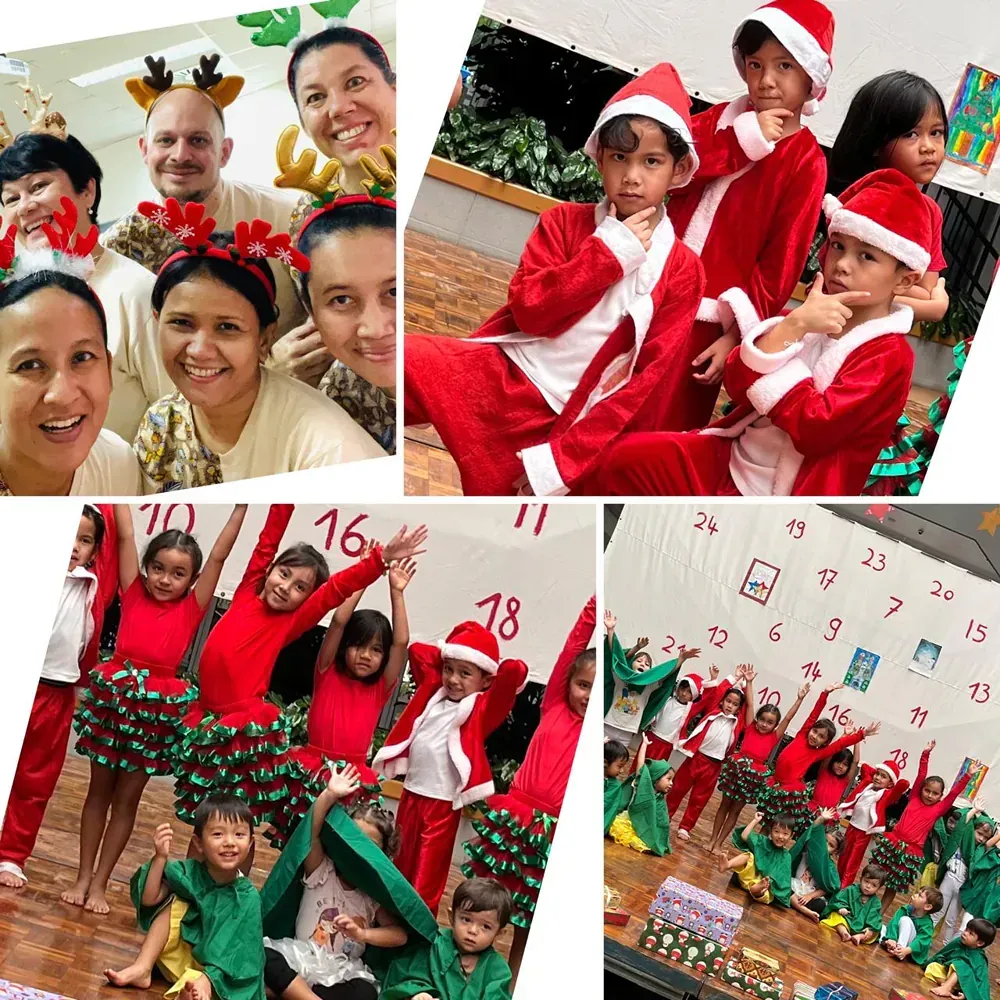 A group of children dressed in santa claus costumes are posing for a picture.