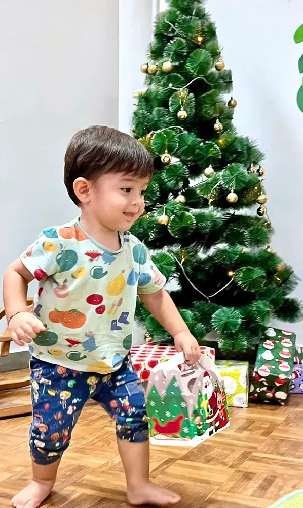 A little boy is standing in front of a christmas tree holding a gift bag.