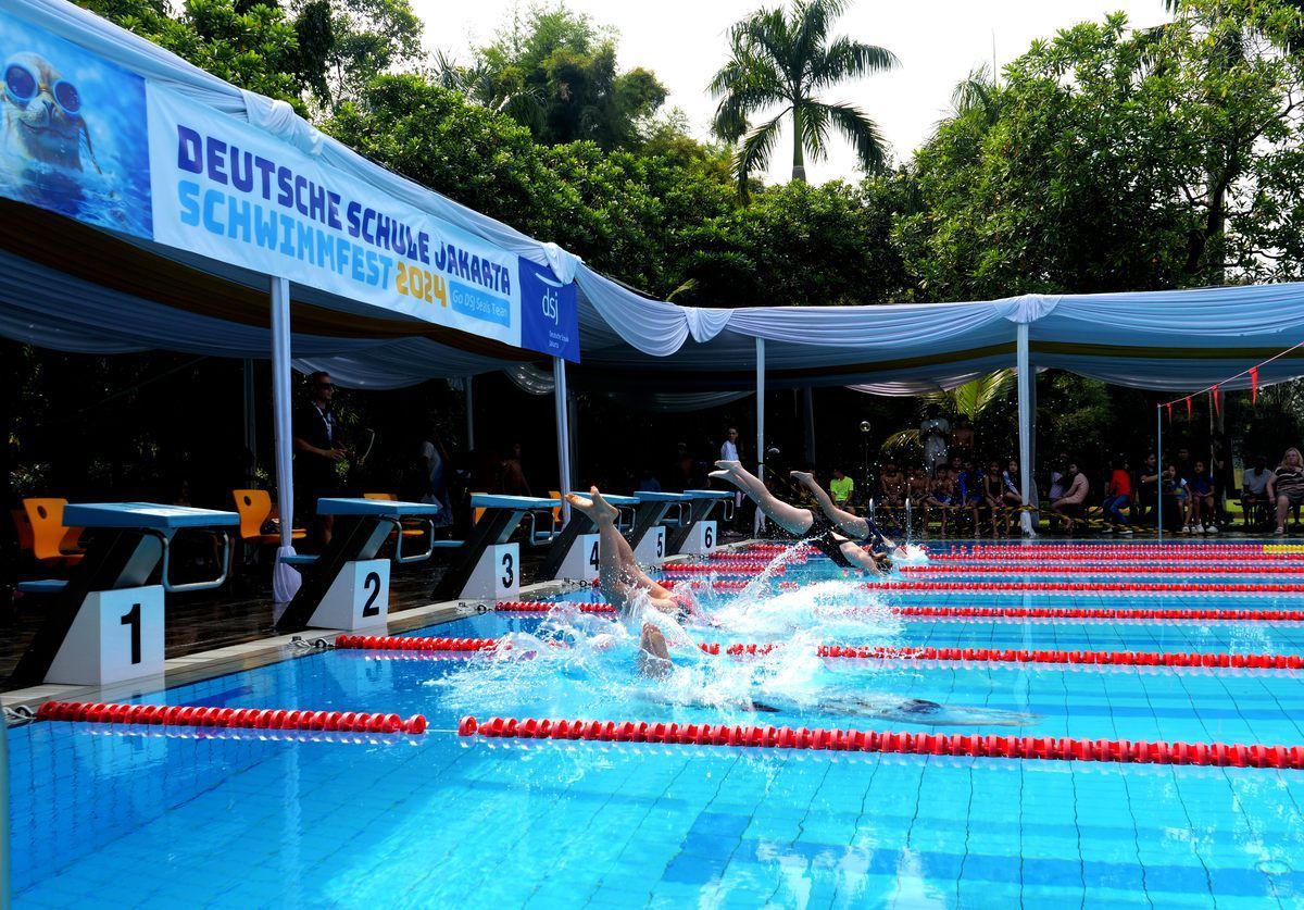 A group of people are swimming in a pool.