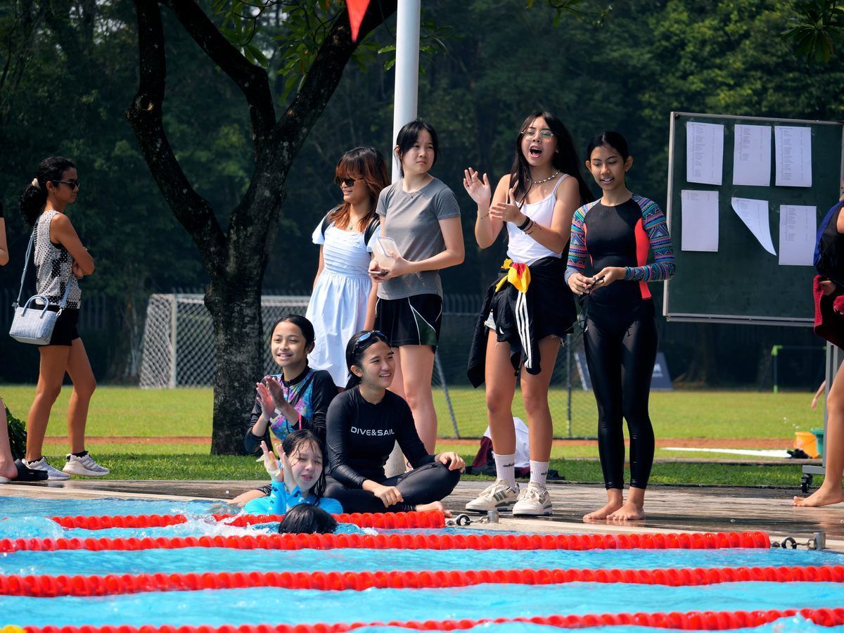 A group of people are standing around a swimming pool.