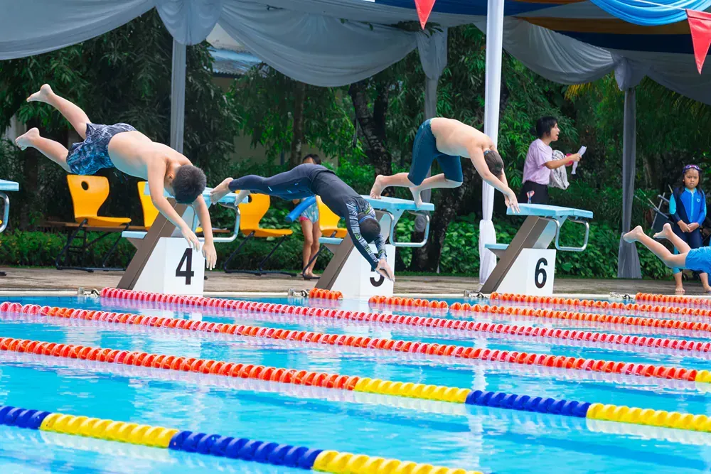 A group of people are jumping into a swimming pool.