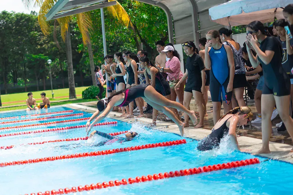 A group of people are swimming in a pool.