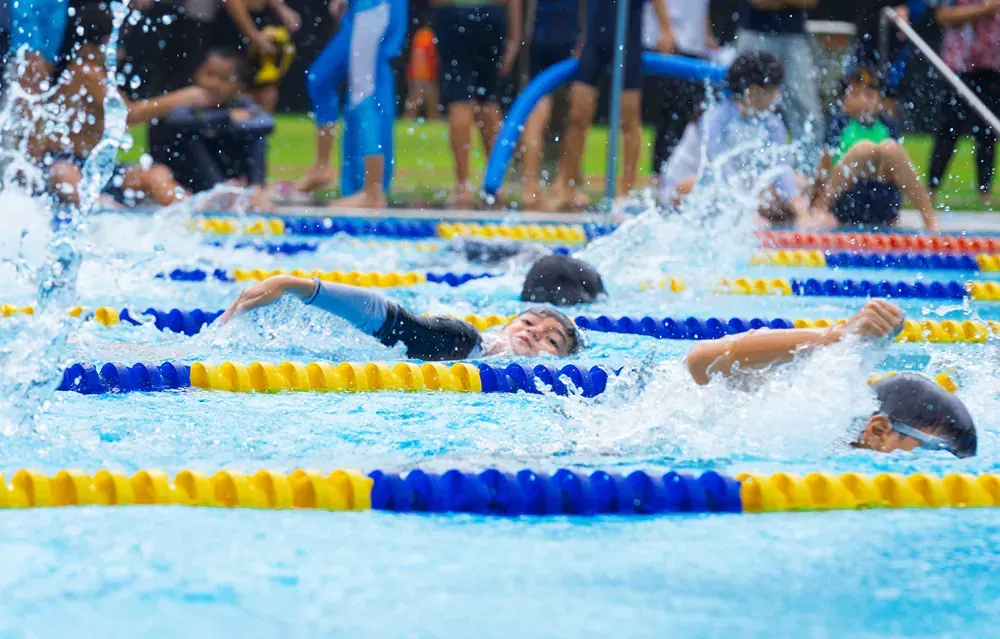 A group of people are swimming in a swimming pool.