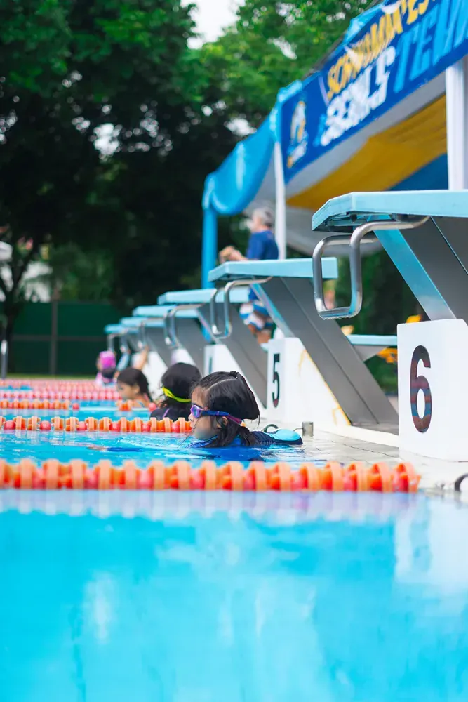 A group of people are swimming in a swimming pool.