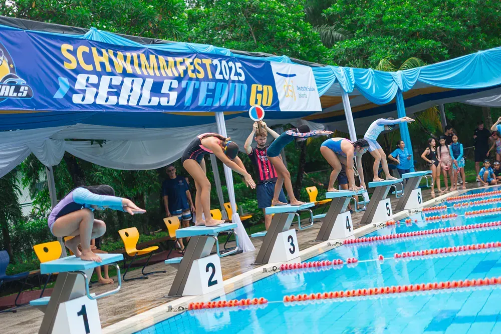 A group of people are jumping into a swimming pool.