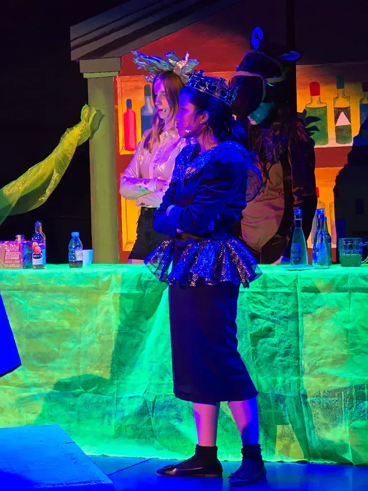 A woman in a crown is standing on a stage in front of a bar.