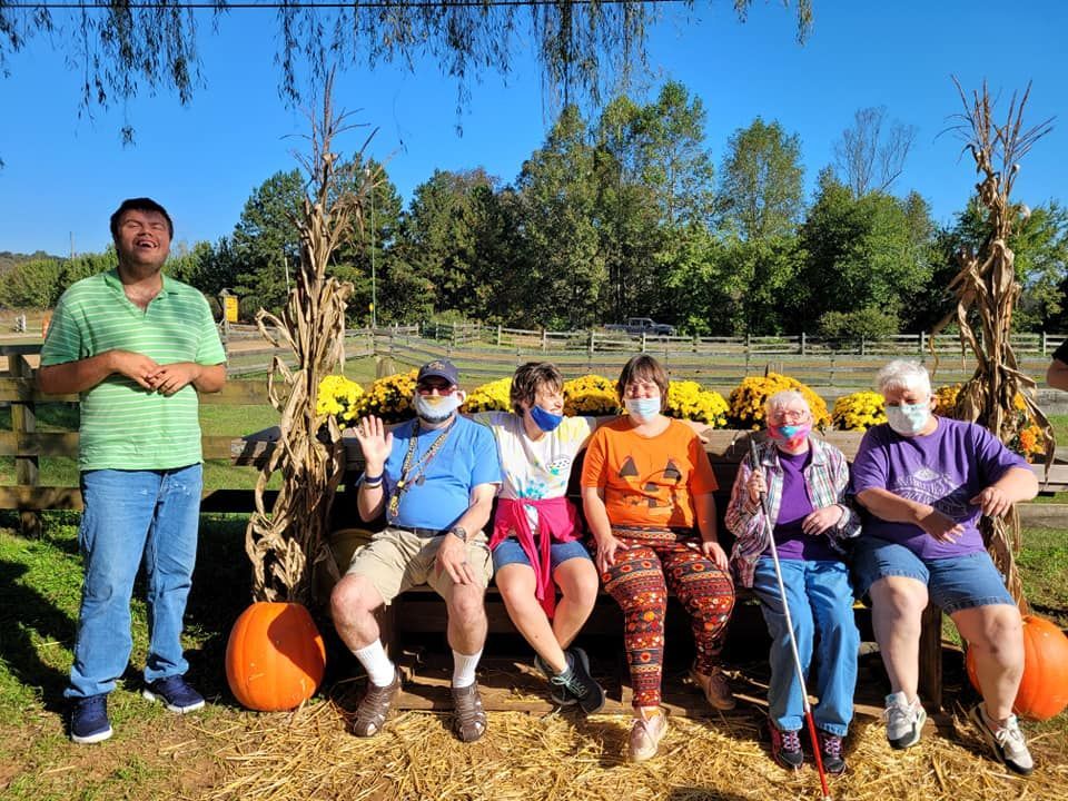 a group of people wearing face masks are sitting on a bench in a pumpkin patch .