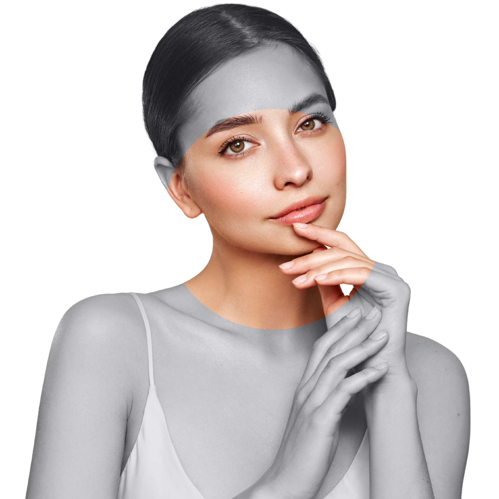 A woman with her arms touching her face.