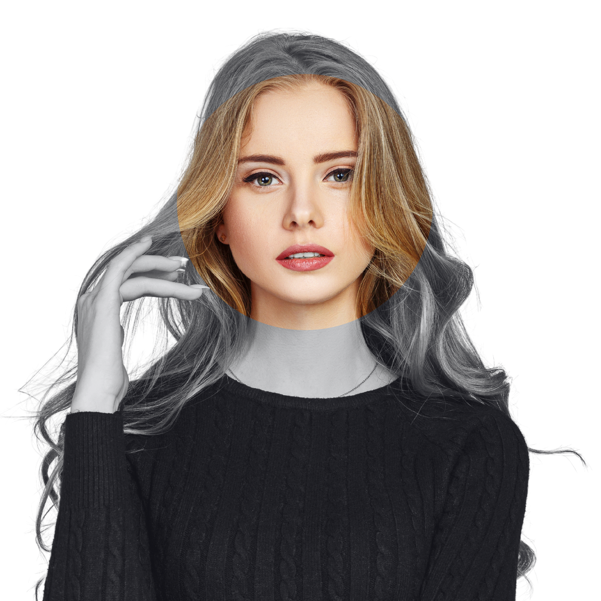 A woman with blonde hair is wearing a black sweater.