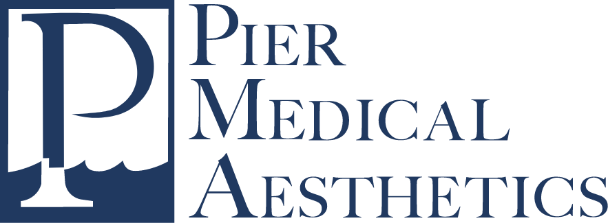 The pier medical aesthetics logo is blue and white