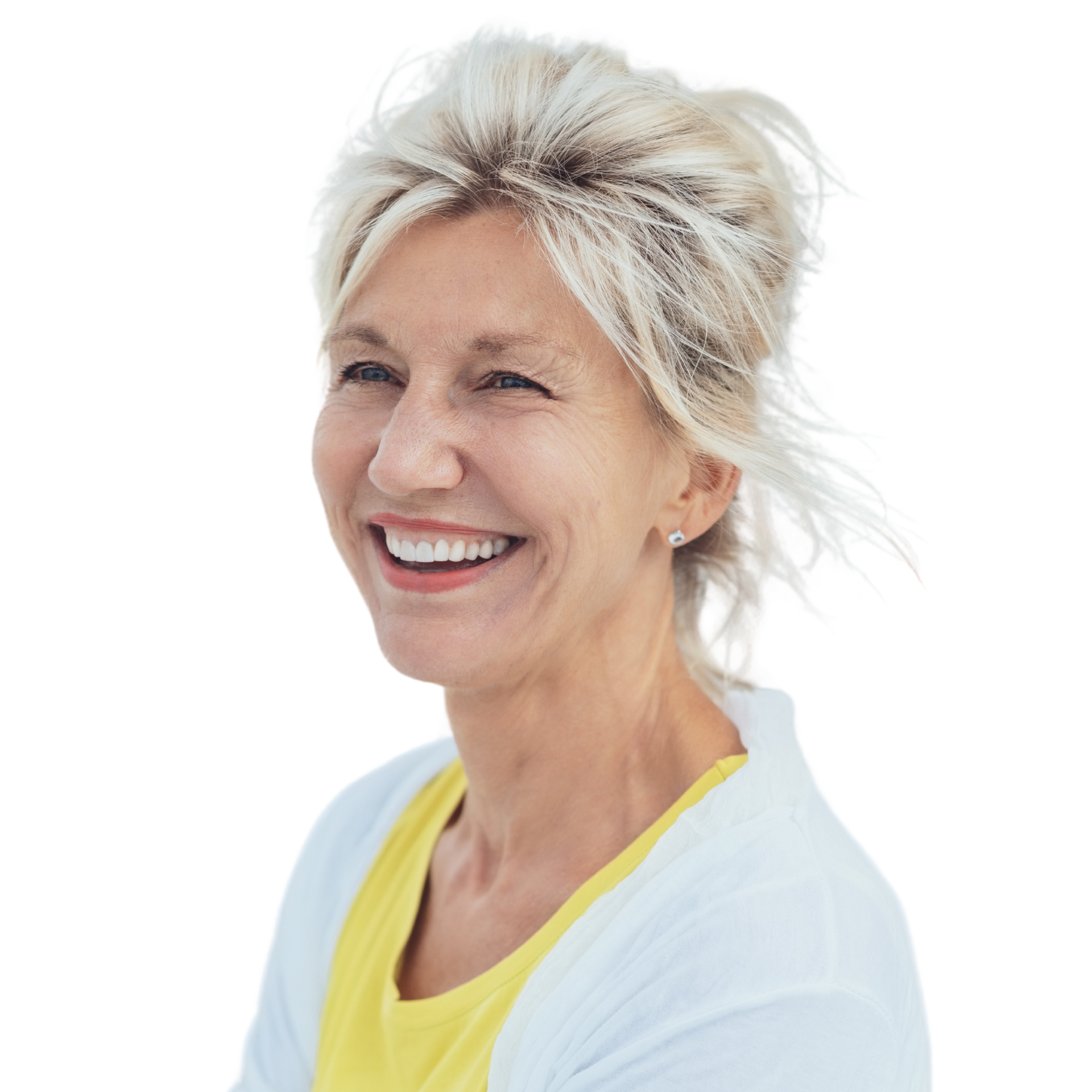 A woman with long brown hair is wearing a sweater.