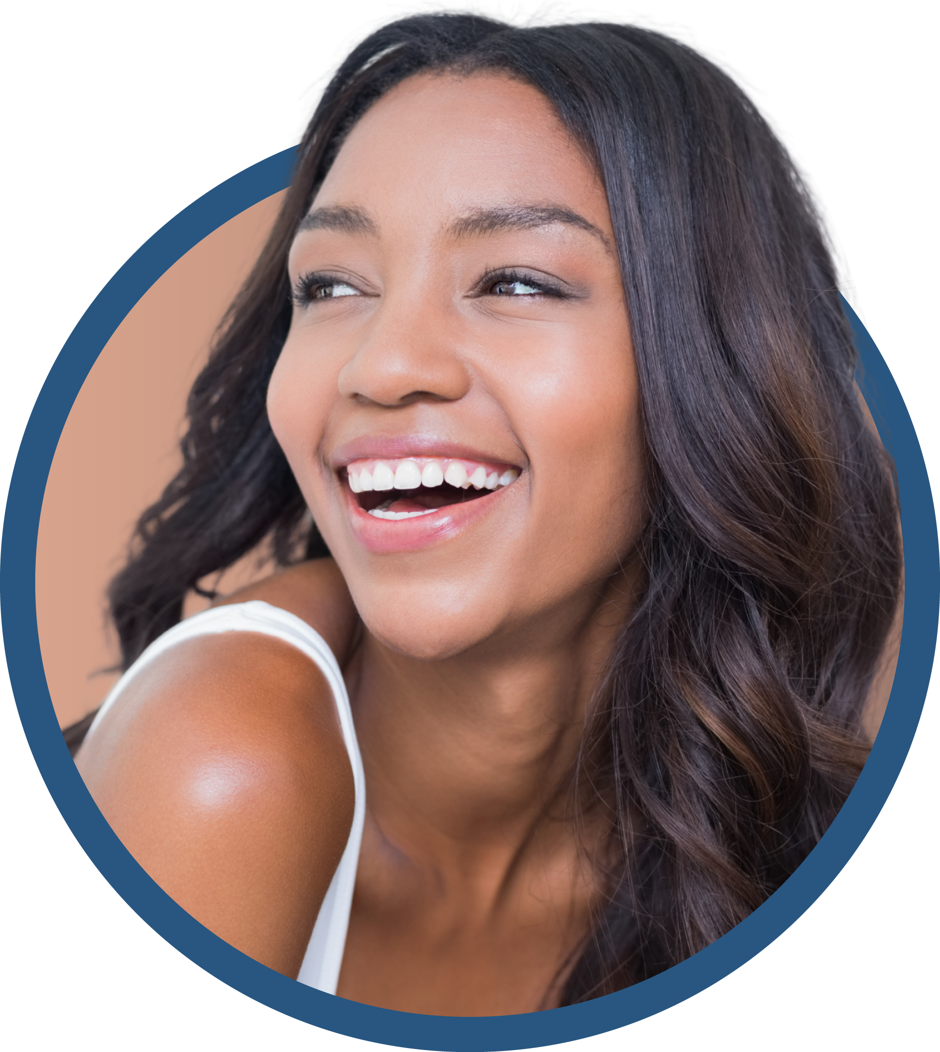 A woman wearing sunglasses is in a blue circle