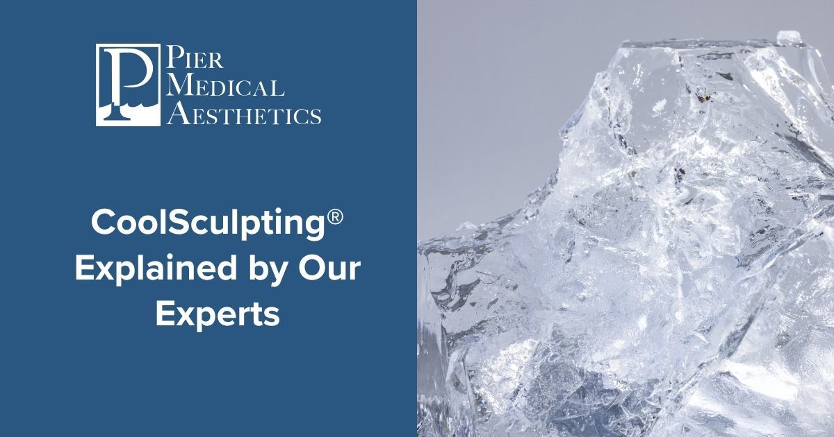 CoolSculpting by our experts; Pier Medical Aesthetics logo on blue with ice block image