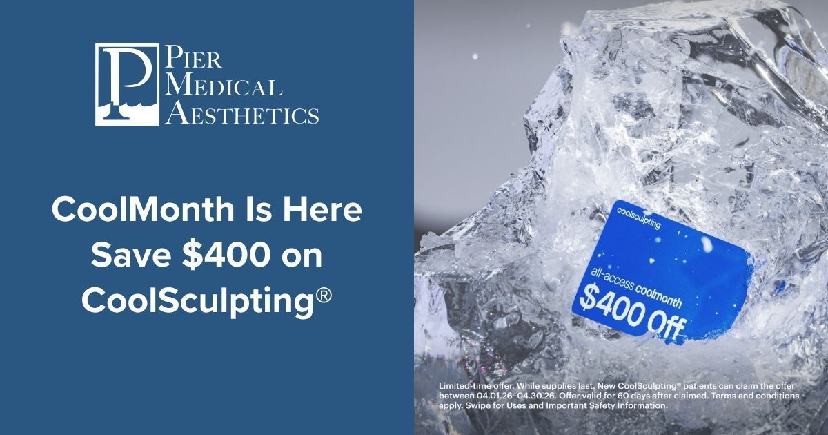 Promotional graphic for Pier Medical Aesthetics offering $400 off CoolSculpting, featuring a blue card embedded in ice.
