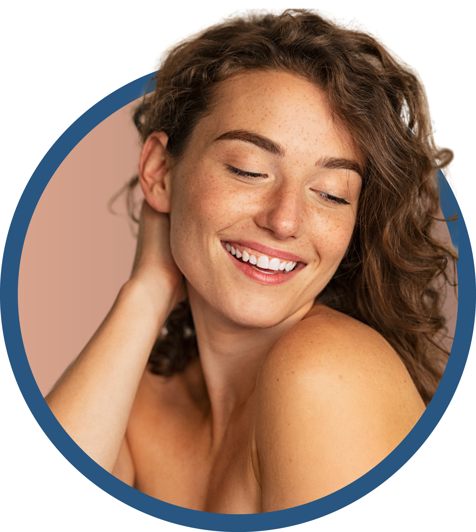 A woman wearing sunglasses is in a blue circle