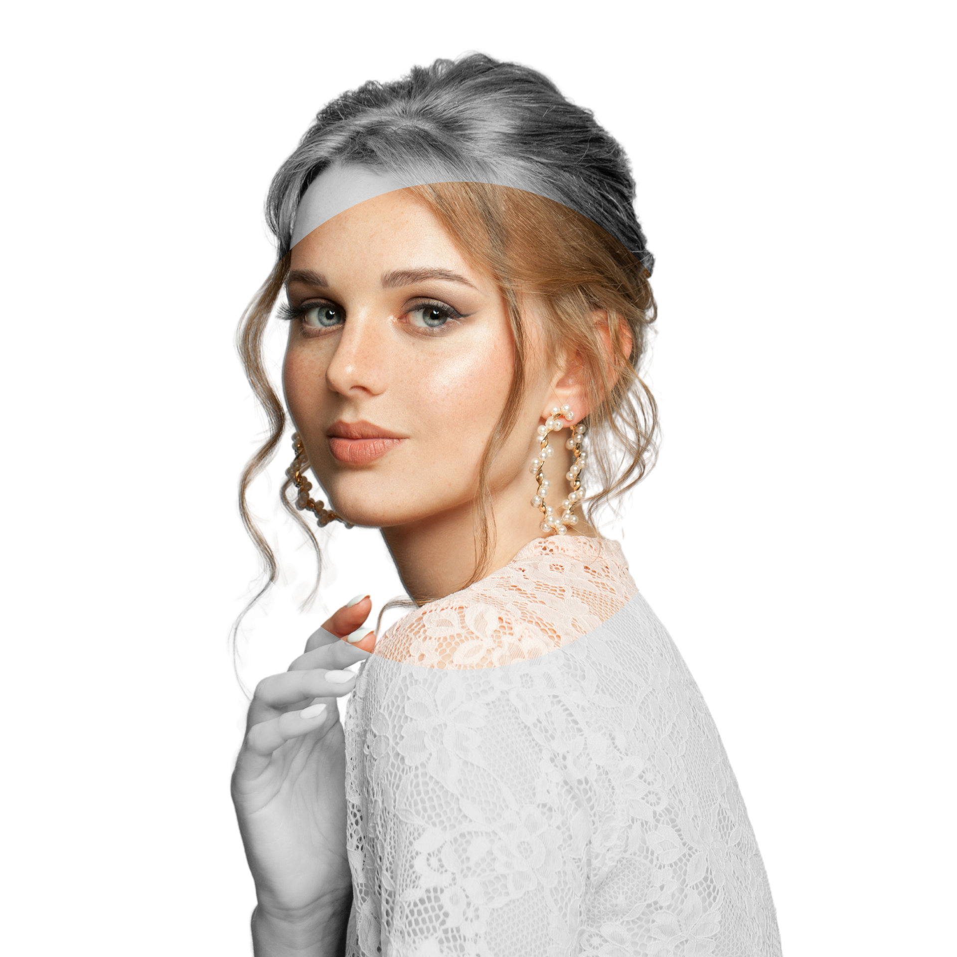 A woman with blonde hair is wearing a white dress and white gloves.