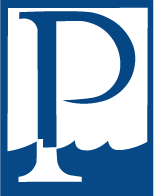 A blue and white logo with the letter p on it.