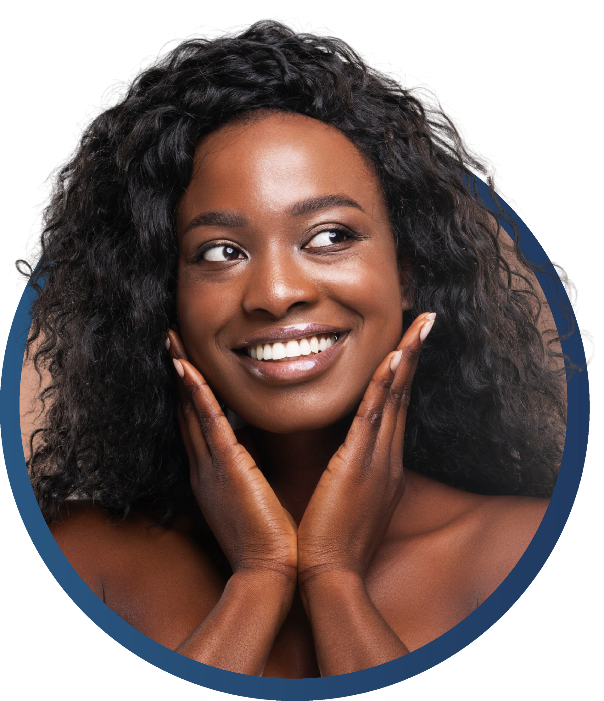 A woman with curly hair is smiling with her hands on her face.