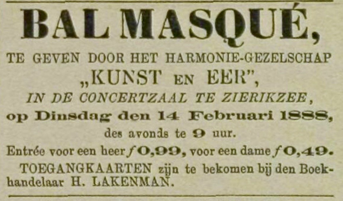 Zierikzeesche Courant 11 februari 1888,  Maque Kunst en eer Concertzaal
